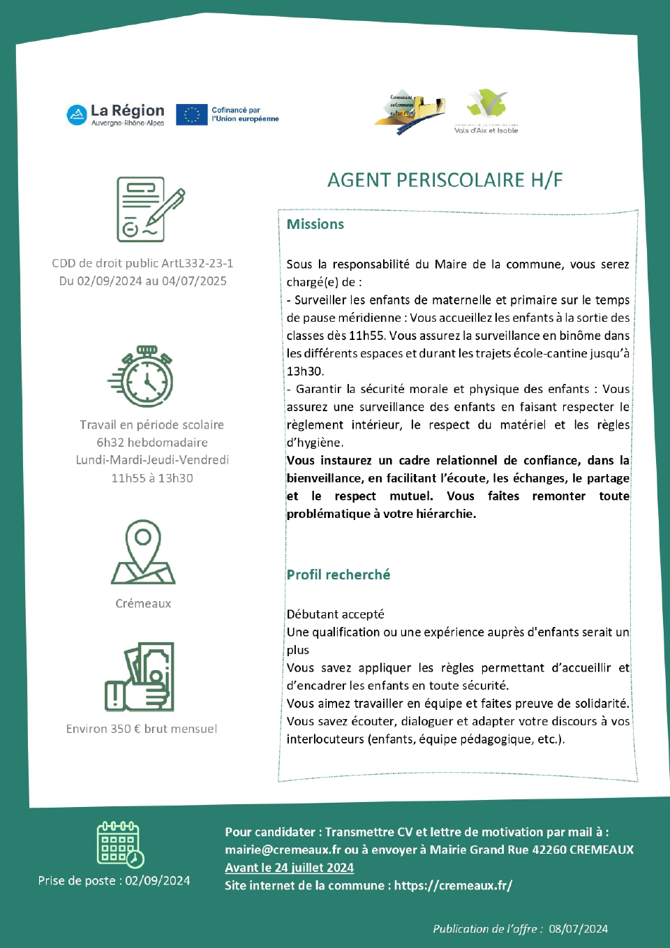 Cremeaux Affiche Recrutement Agent Periscolaire 072024